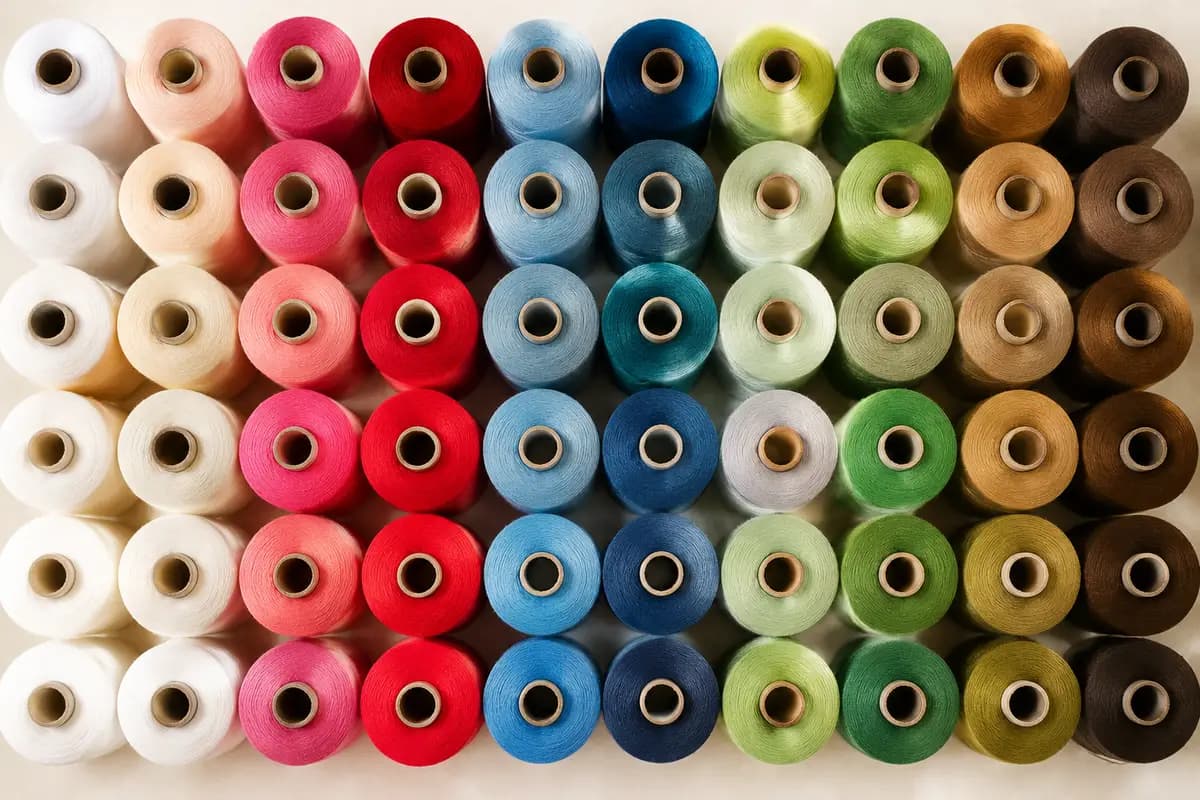 Bobines de fil de toutes les couleurs, rangées par famille